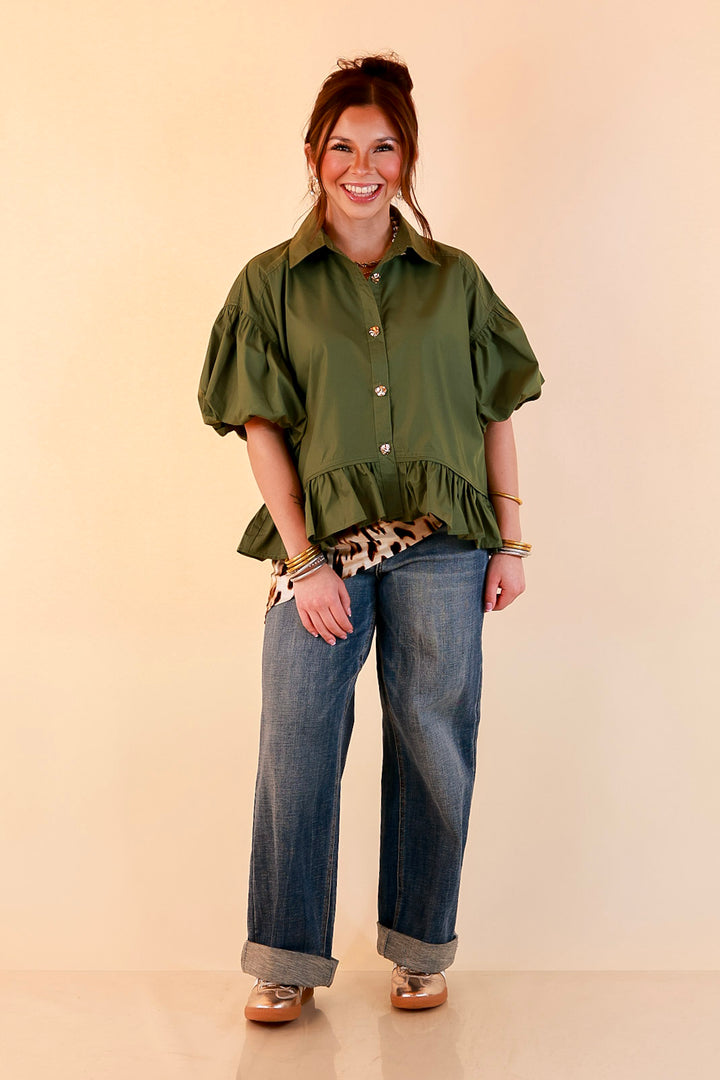 Style in Session Solid Button Down Peplum Bubble Sleeve Top in Olive Green