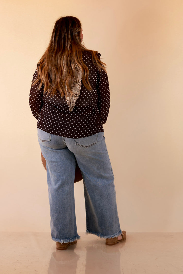 Finer Things Long Sleeve Sheer Ruffle Polka Dot Print Blouse with Balloon Sleeves in Chocolate Brown with White Dots