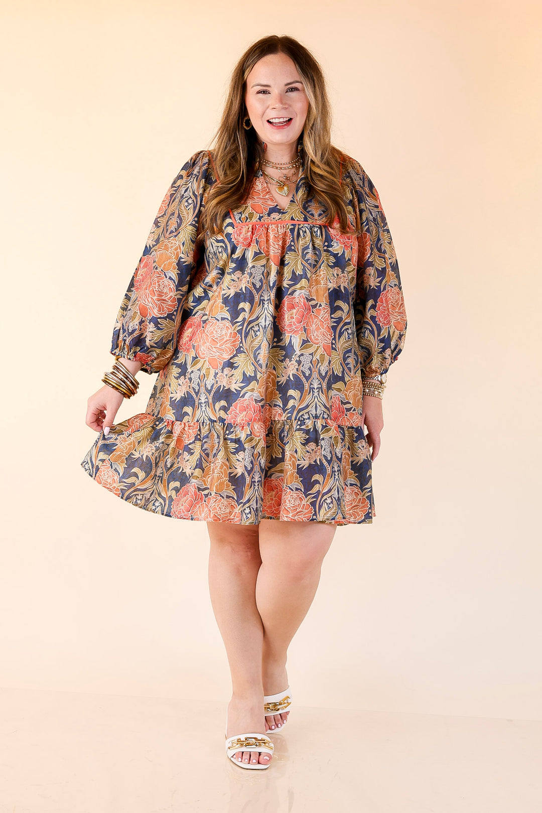 Blooming Days Ahead Floral Print V Neck Dress with Ruffle Trim Collar in Navy Mix