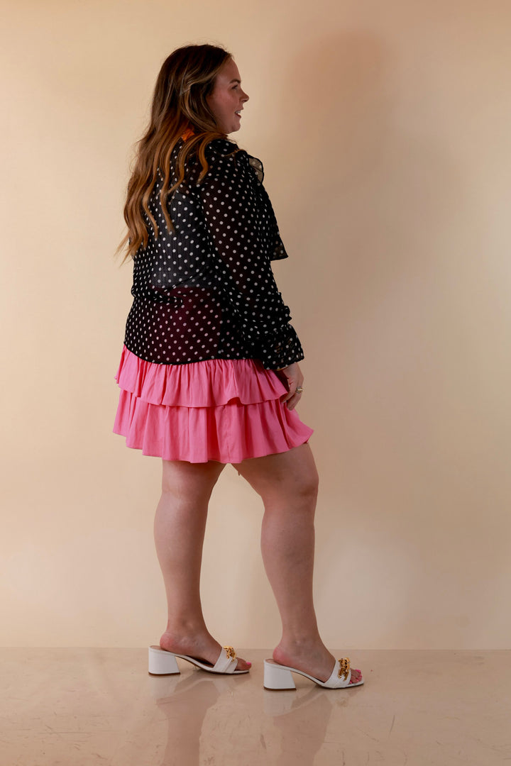 Finer Things Long Sleeve Sheer Ruffle Polka Dot Print Blouse with Balloon Sleeves in Black with White Dots