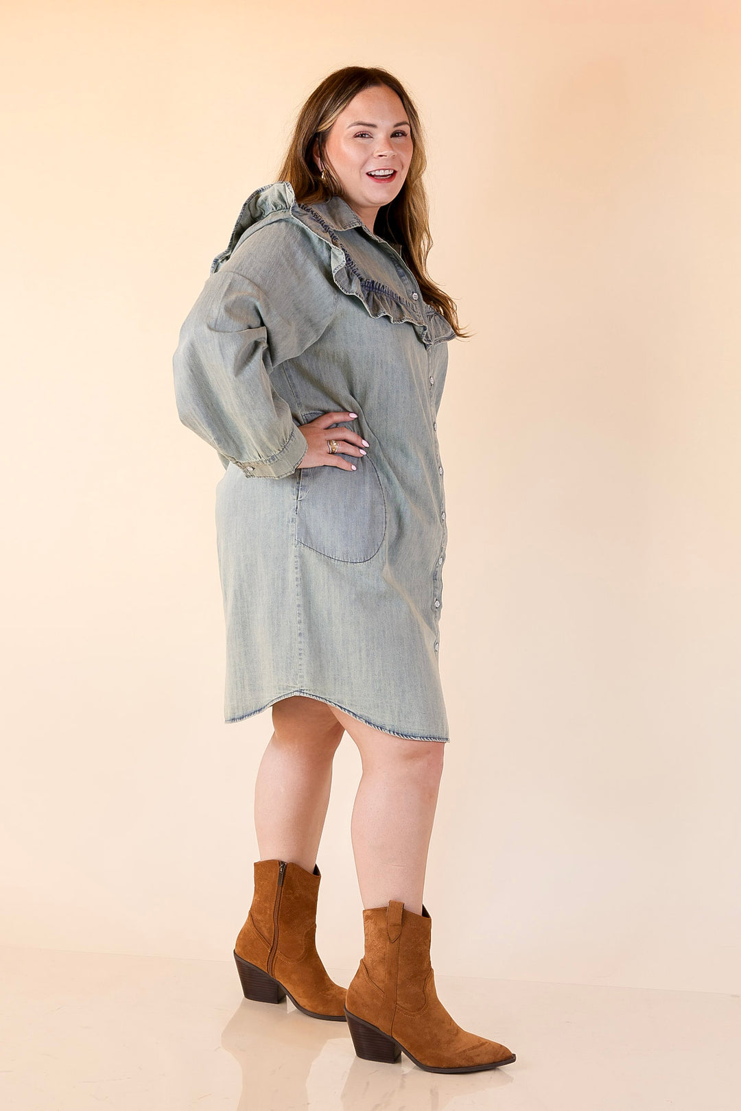 Blue Jean Beauty Denim Dress with Pockets and Ruffle Trim in Medium Wash