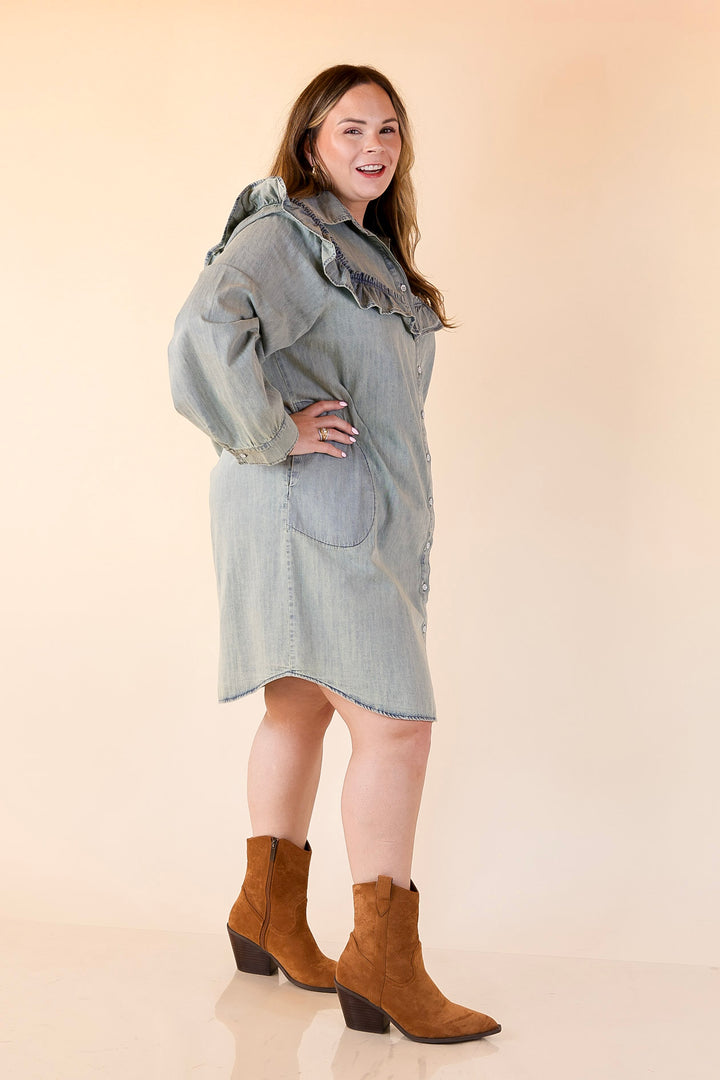 Blue Jean Beauty Denim Dress with Pockets and Ruffle Trim in Medium Wash