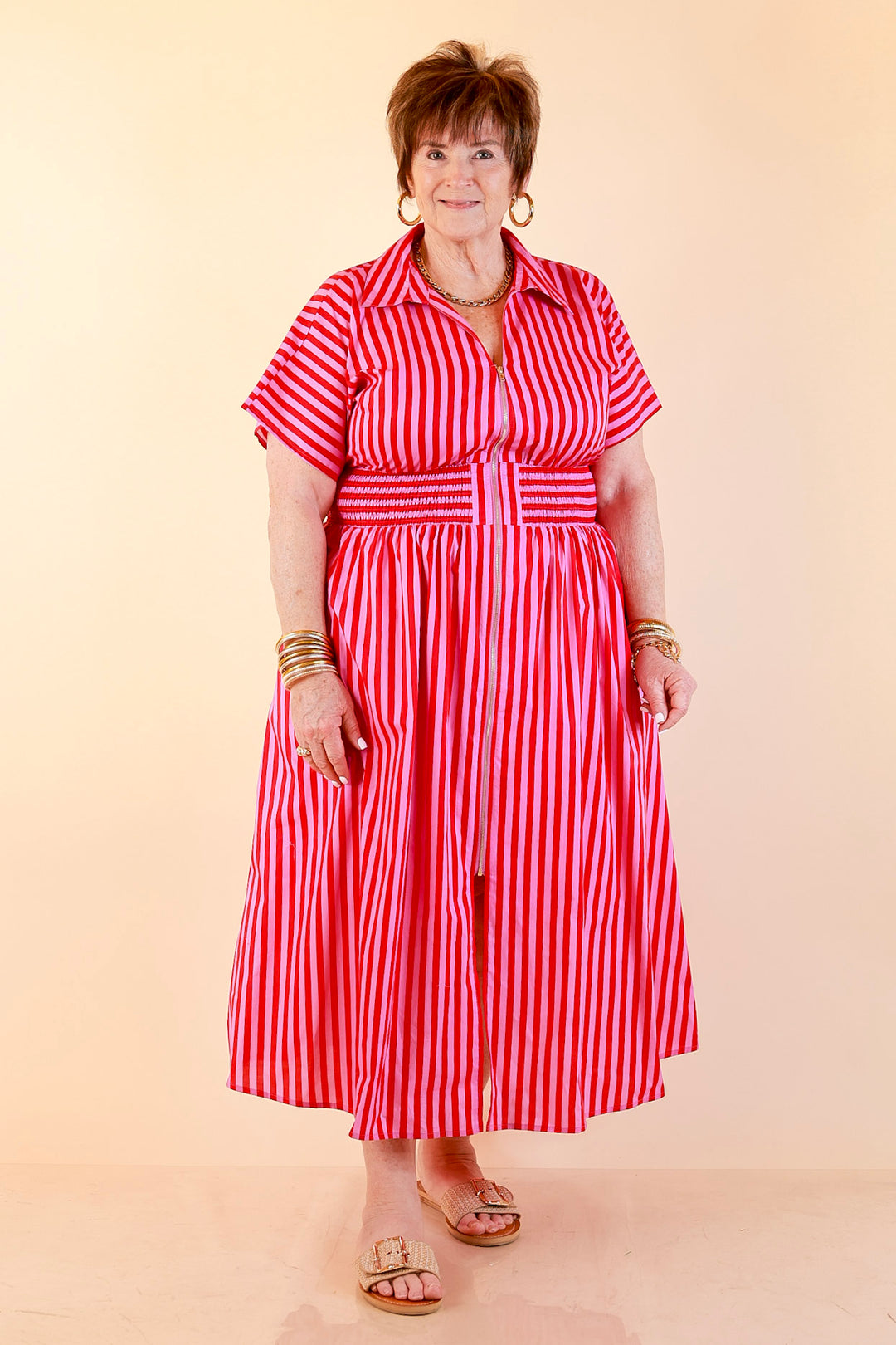 Modern Charm Zip Front Midi Striped Print Dress with Smocked Waist and Short Sleeves in Pink and Red