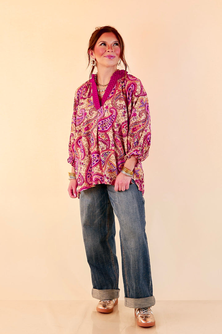 Caught My Eye Ruffle Contrast Stripe Detail Neck Balloon Sleeve Paisley Print Blouse in Fuchsia Pink Multi