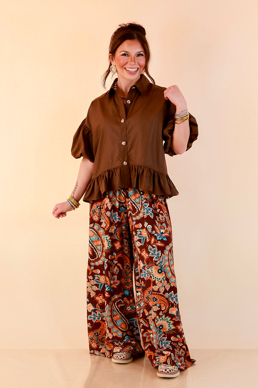 Style in Session Solid Button Down Peplum Bubble Sleeve Top in Chocolate Brown