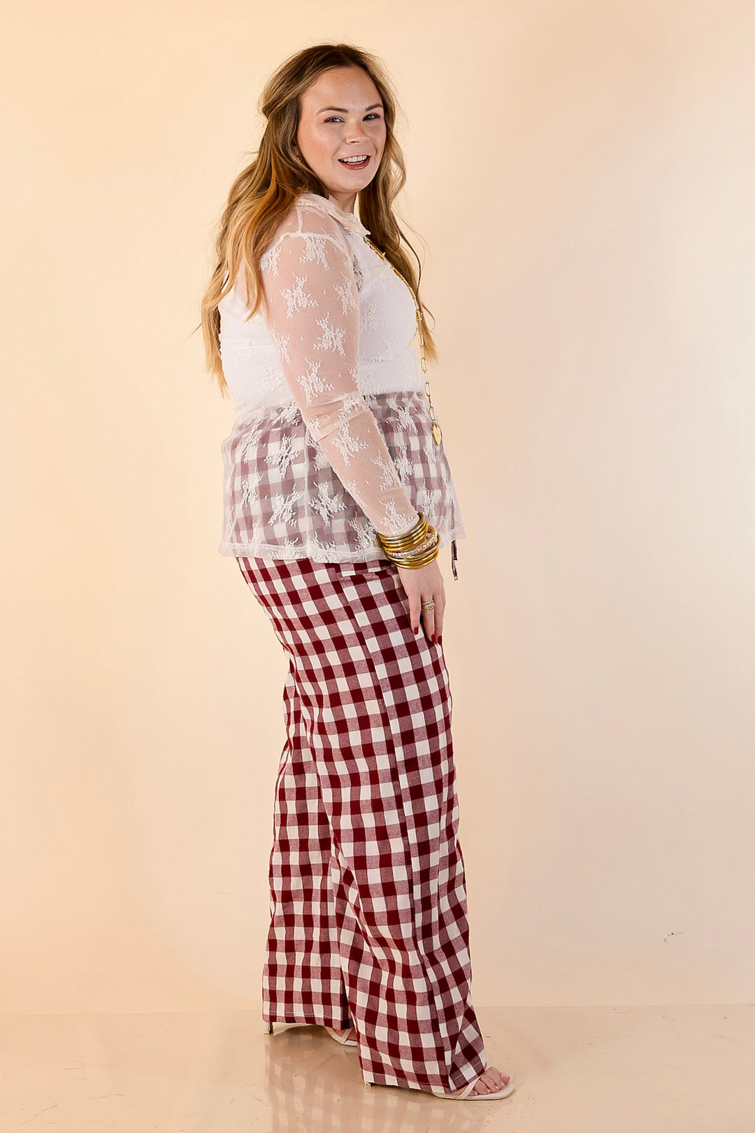 Pairs Well with Others Gingham Print Drawstring Pants with Elastic Waistband in Ivory and Maroon