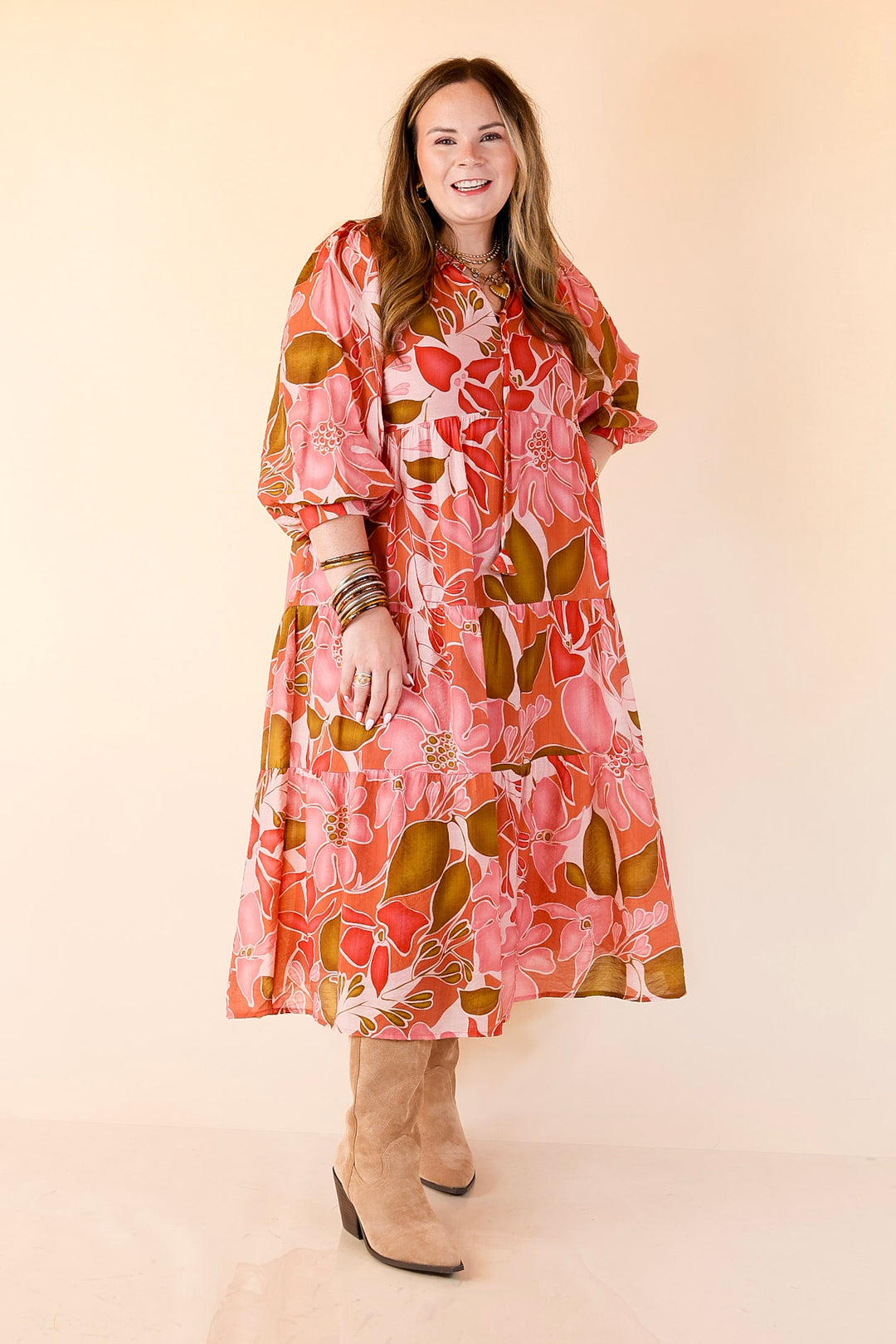 Tiered Midi Dress with 3/4 Balloon Sleeves in Pink and Olive Floral S Tiered Midi Dress with 3/4 Balloon Sleeves in Pink and Olive Floral S