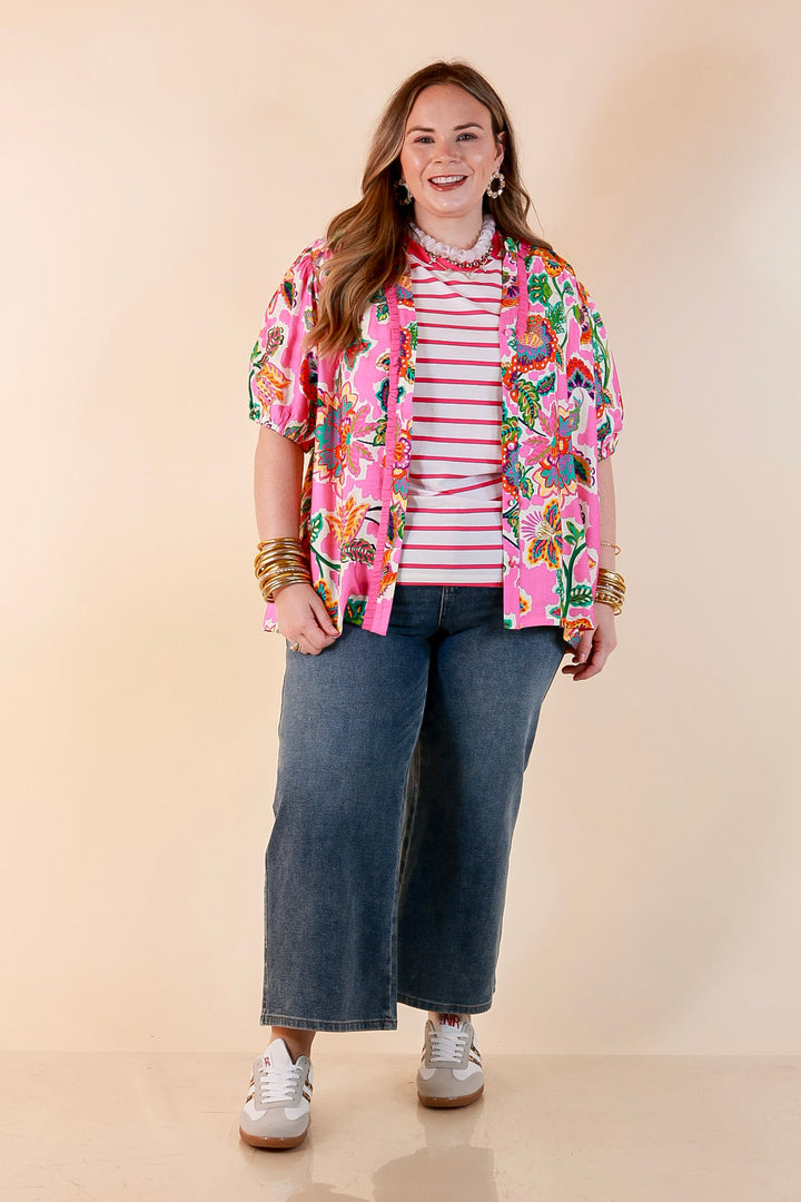 The Daily Stripe Scoop Neck Short Sleeve Striped Tee Top in Hot Pink