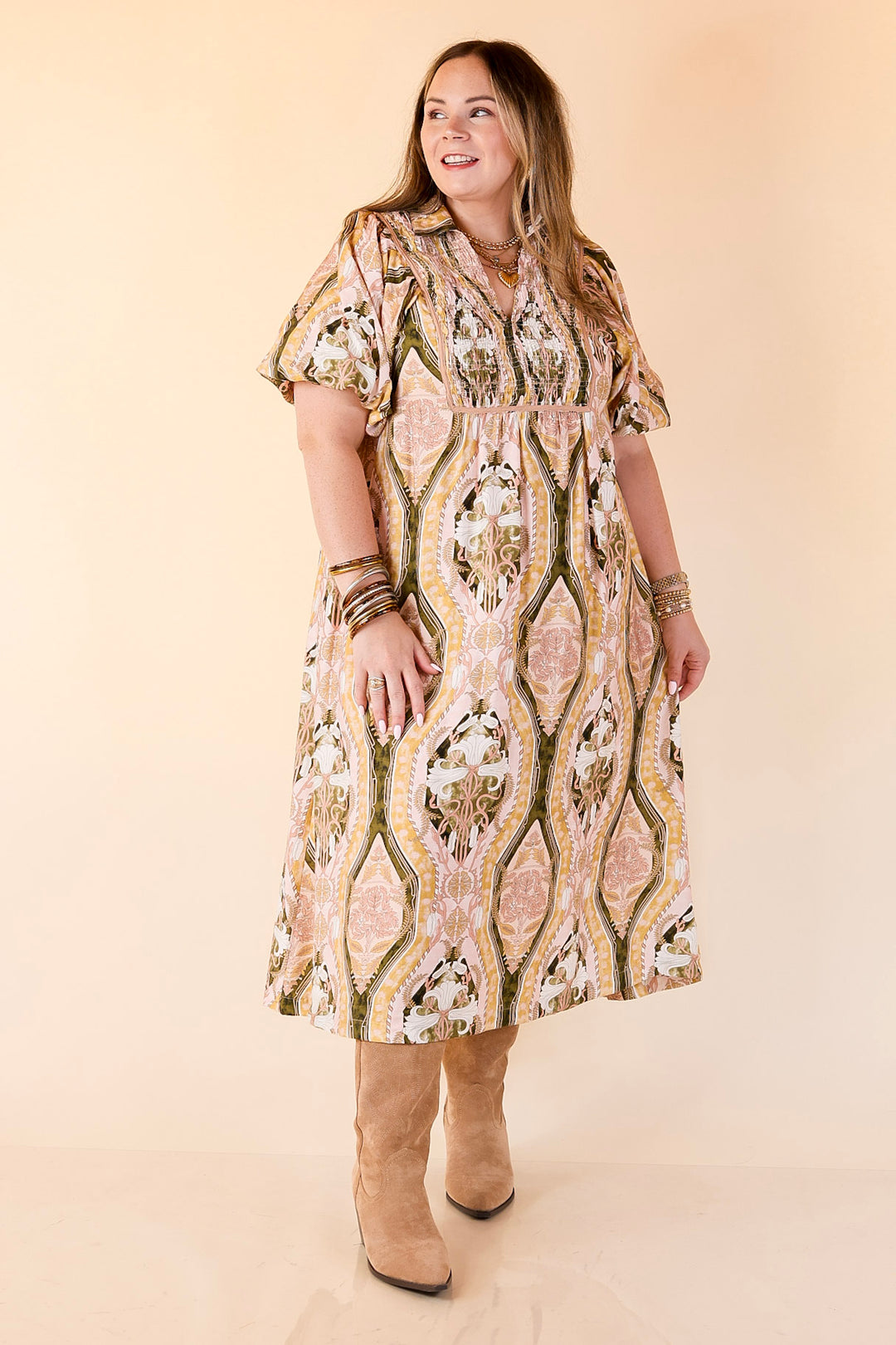 Whimsical Wonder Floral Abstract Print Collared Midi Dress in Pink and Olive Green Mix