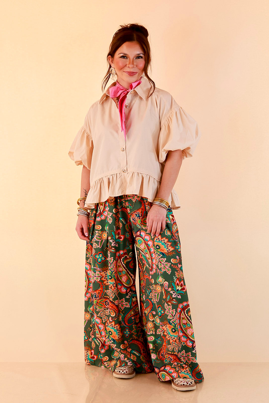 Free to Be Paisley Print Wide Leg Elastic Waist Pants in Olive Green