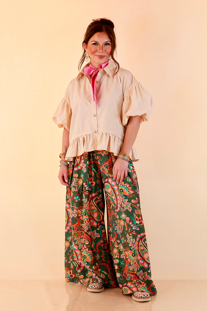 Free to Be Paisley Print Wide Leg Elastic Waist Pants in Olive Green