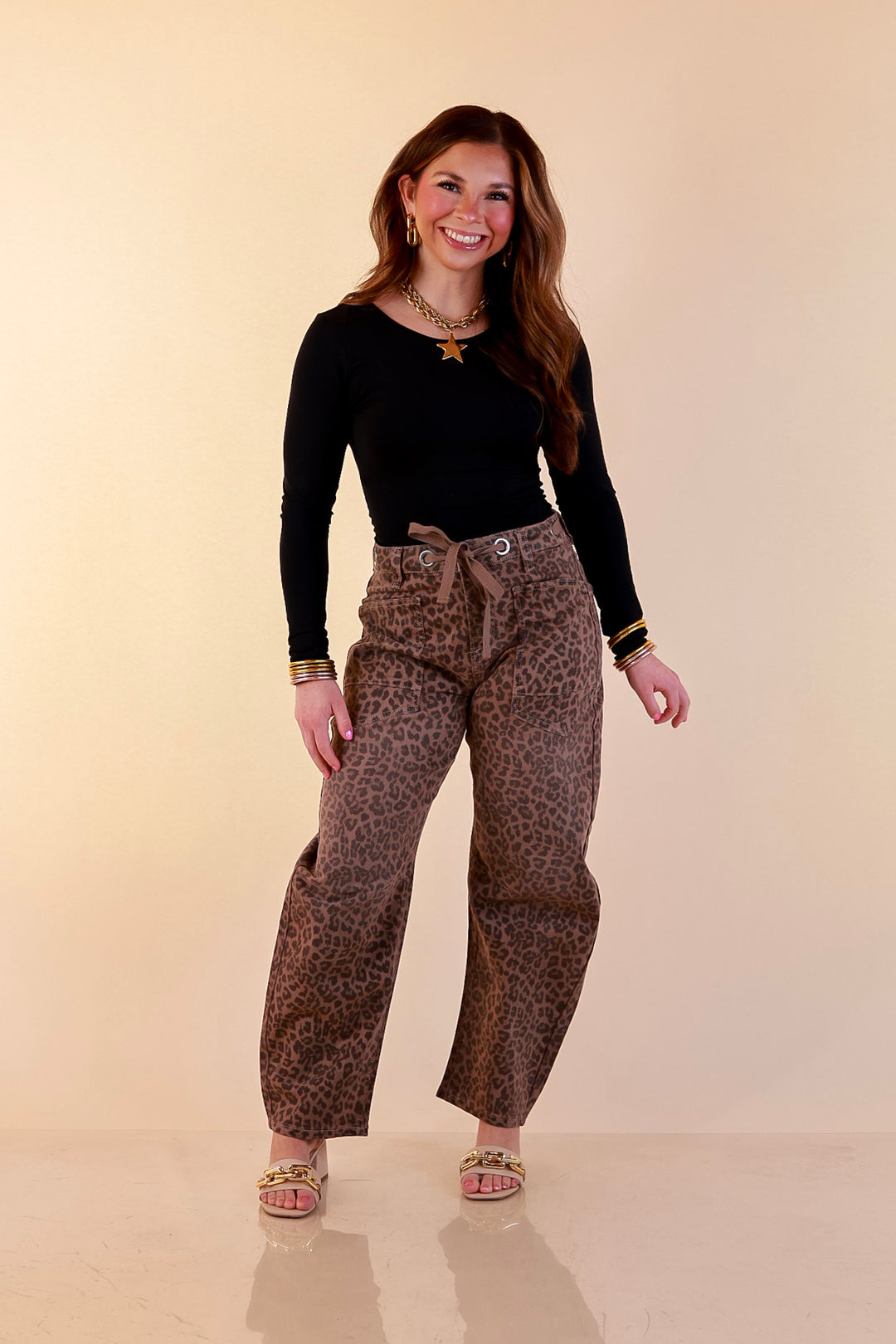 Risen | Easy Statement Leopard Print Drawstring Denim Barrel Jeans in Brown