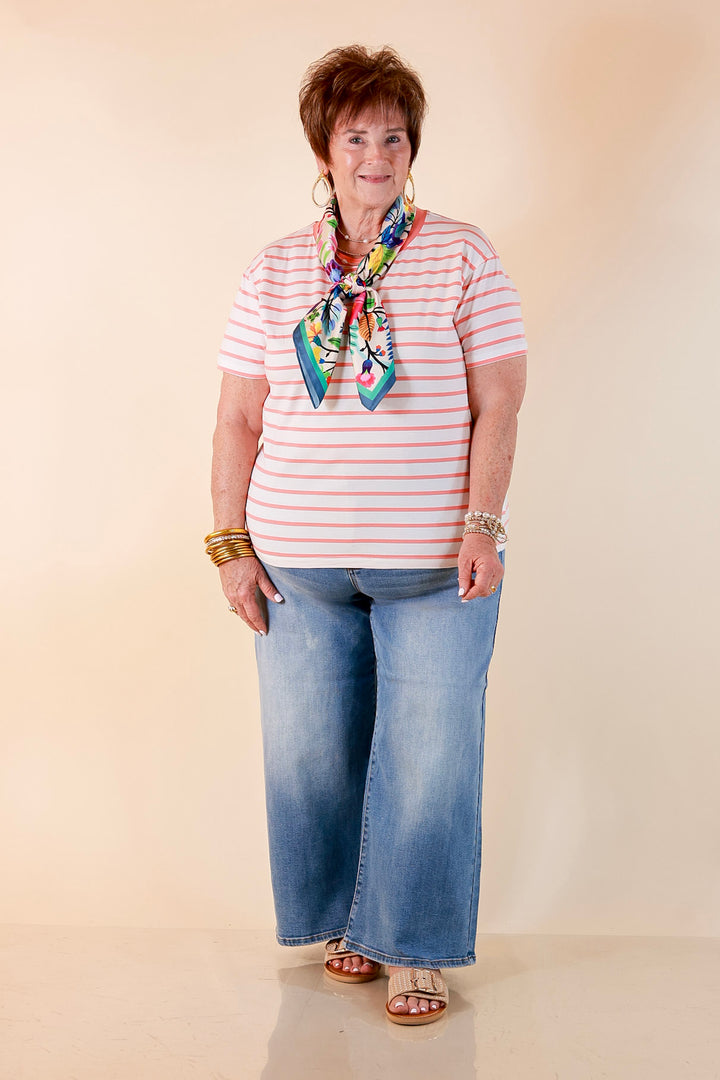 The Daily Stripe Scoop Neck Short Sleeve Striped Tee Top in Coral Orange