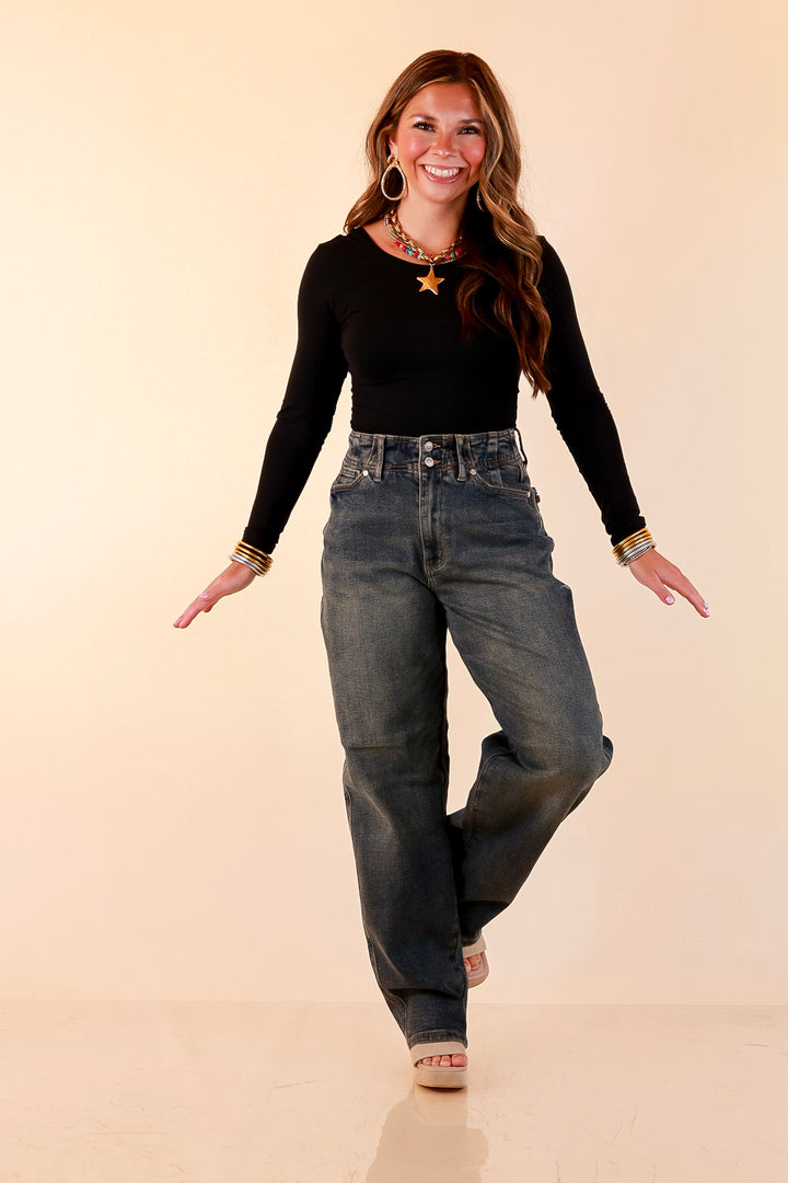 Judy Blue | Never Miss Marlow Arc Relaxed Wide Leg Barrel Jeans with Hollywood Waistband and Double Buttons in Vintage Dark Wash