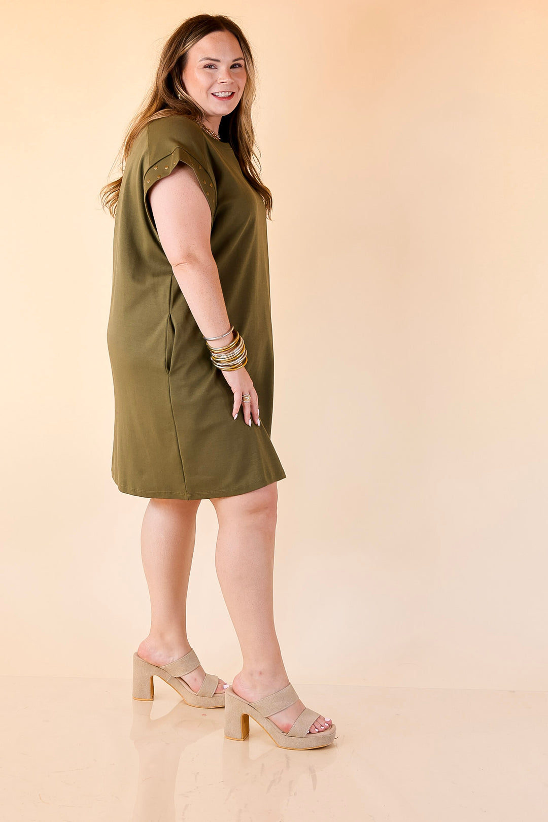 Graceful Glimpse Dress with Gold Stud Detail in Olive Green