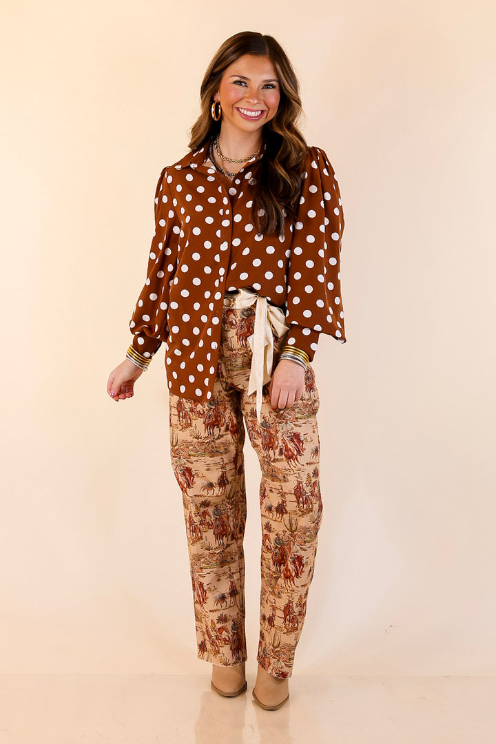 Better Together Polka Dot Button Up Collared Top with Poofy Sleeves in Brown