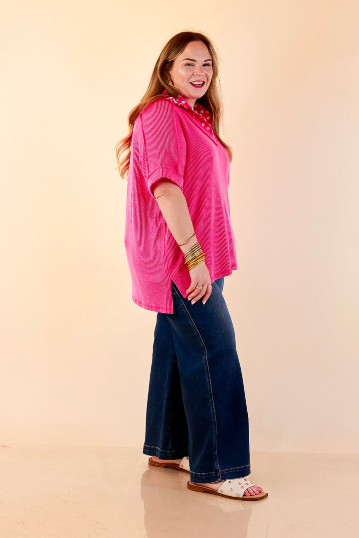 Daily Perfection V Neck Short Sleeve Ribbed Top in Hot Pink