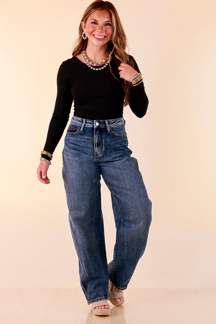 Judy Blue | Everyday Favorite Rigid Magic Marlow Arc Relaxed Wide Leg Barrel Jeans in Dark Weathered Indigo Wash