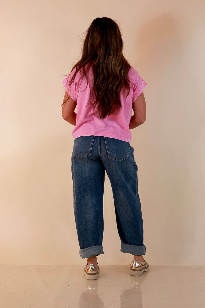 Easy Chic Mineral Washed Short Sleeve Cropped Tee in Candy Pink