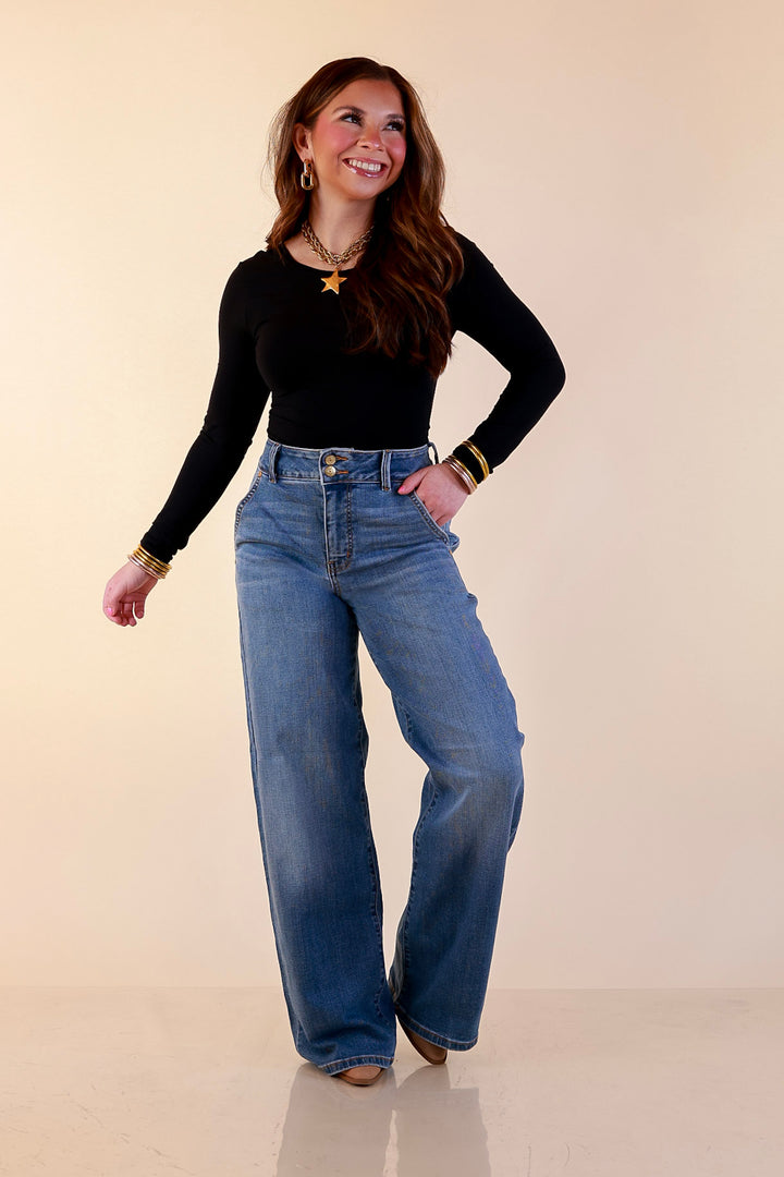 Judy Blue | Go With Everything Double Button Fly Wide Leg Column Trouser Jean in Medium Wash