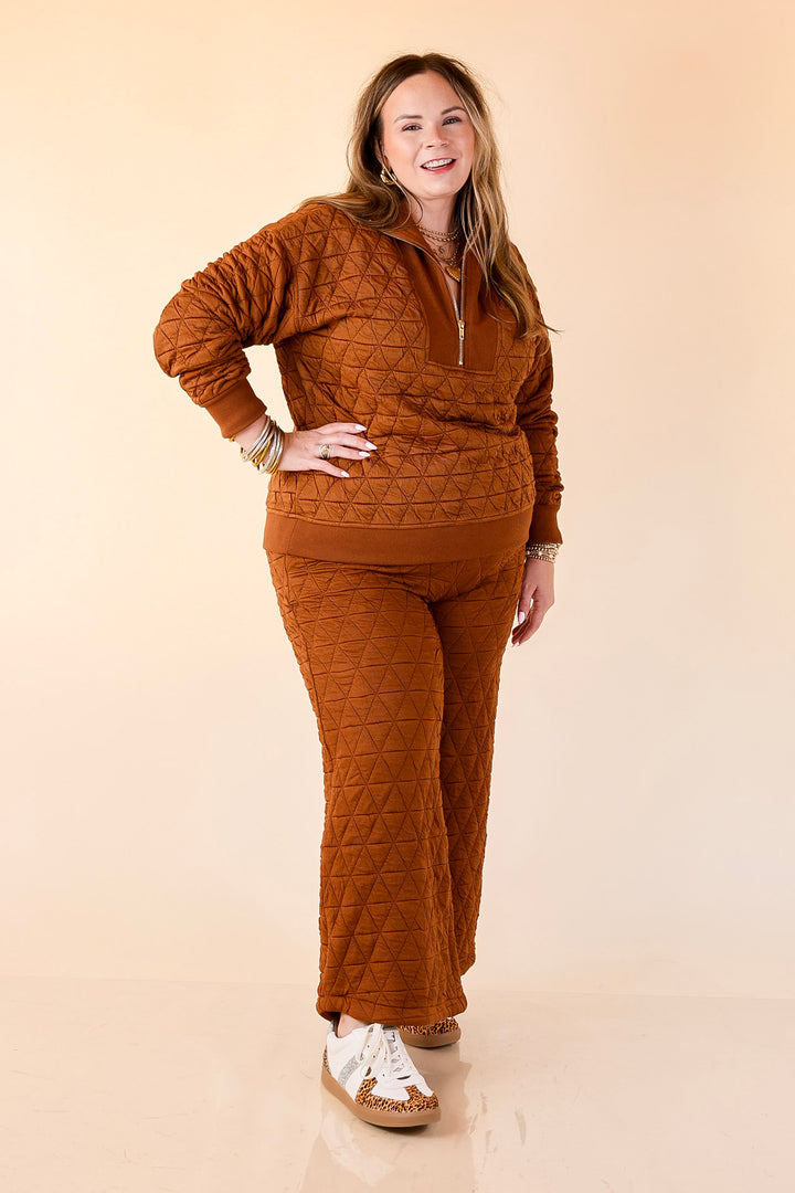 Everyday Elevated Quilted Wide Leg Drawstring Pants with Elastic Waistband in Rust Brown