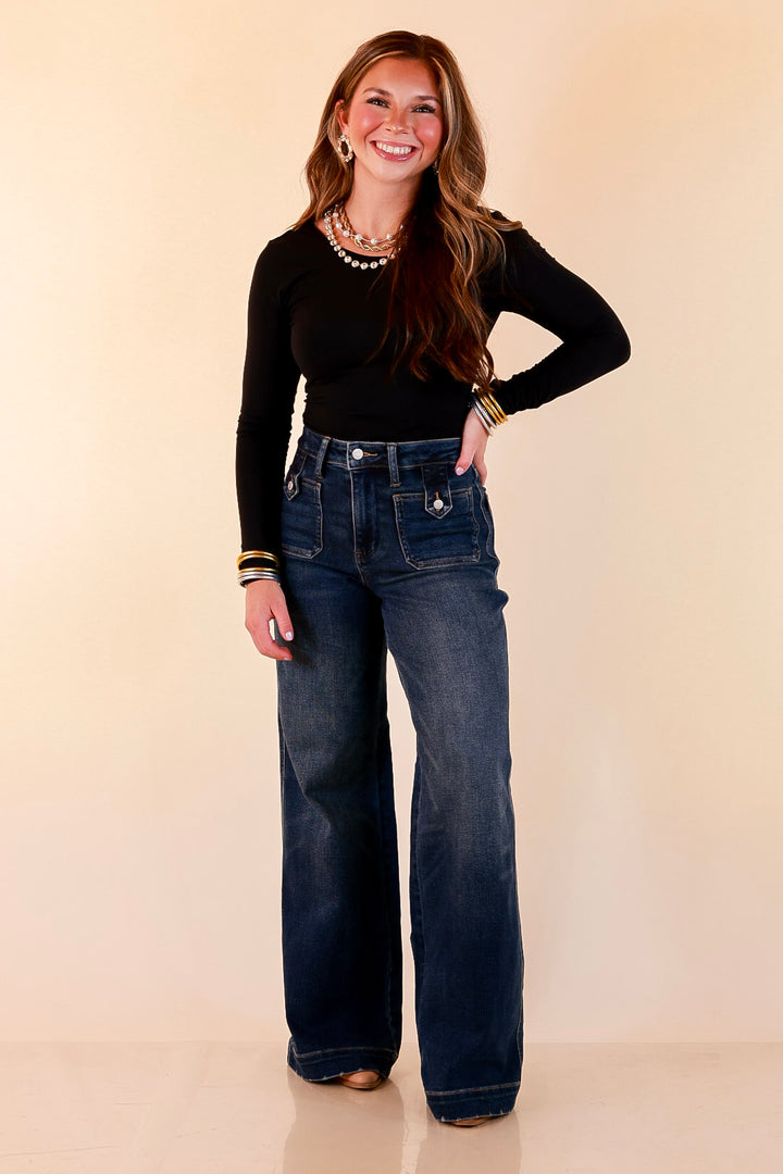 Judy Blue | Classic Companion Luxe Retro Wide Leg Jeans with Front Patch Pockets in Dark Indigo Wash