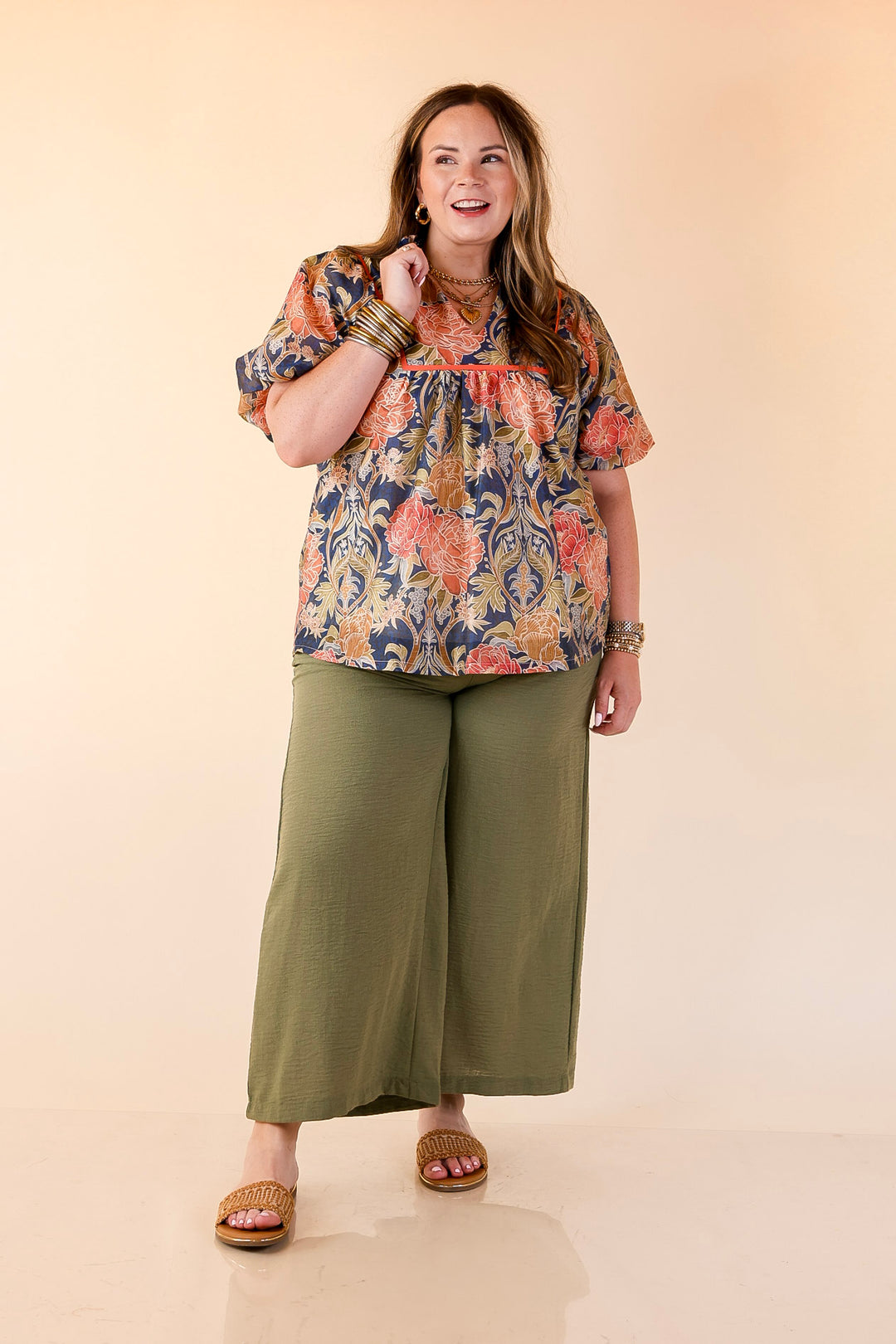 Blooming Days Ahead Floral Print V Neck Blouse with Puff Sleeves and Ruffle Trim Collar in Navy Mix