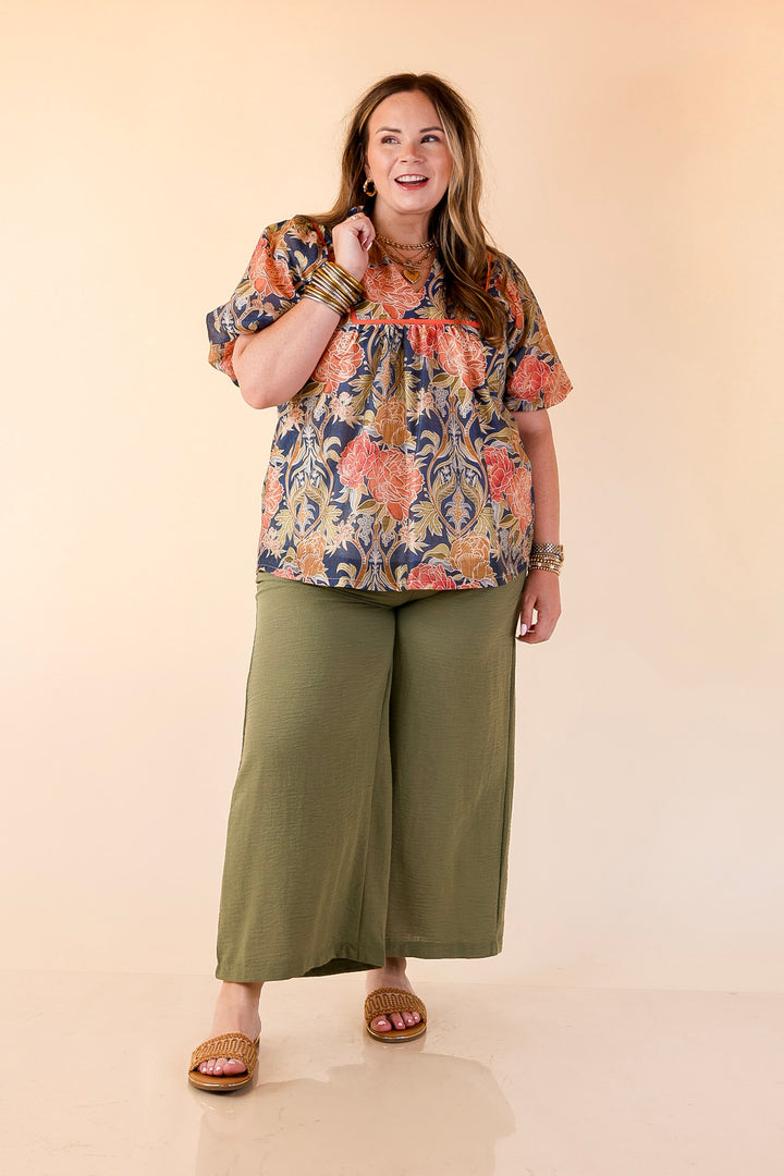 Blooming Days Ahead Floral Print V Neck Blouse with Puff Sleeves and Ruffle Trim Collar in Navy Mix