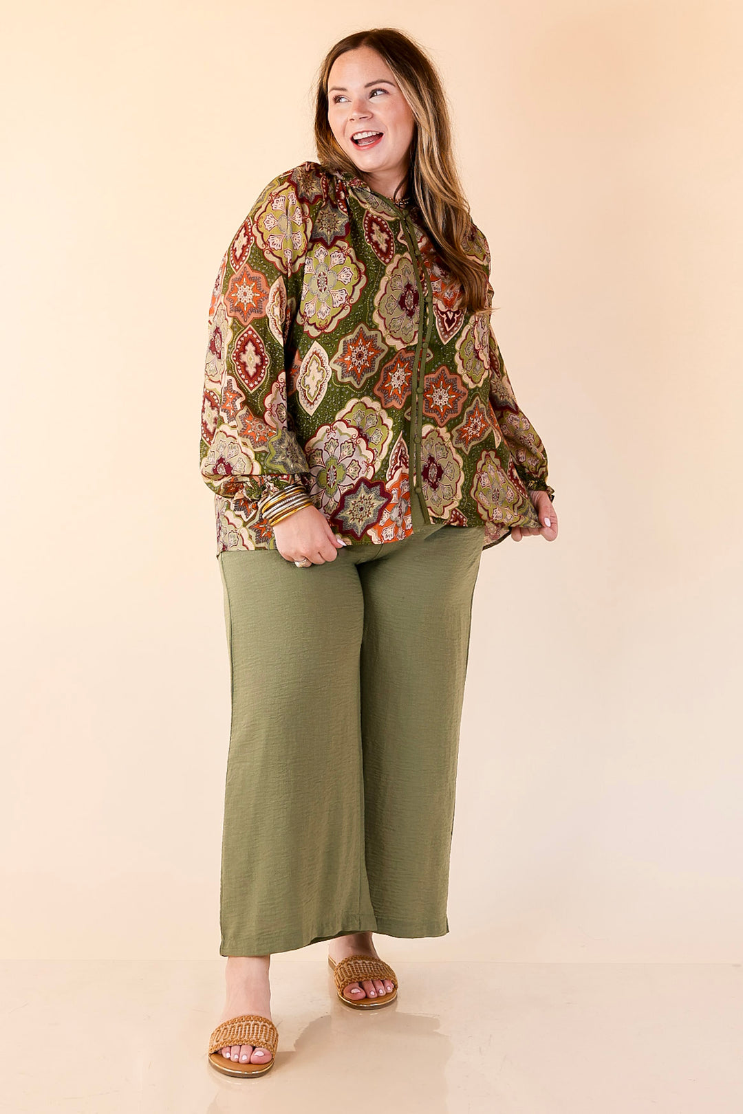 Mosaic Muse Boho Mosaic Print Long Balloon Sleeve Blouse in Olive Green, Maroon and Rust Orange