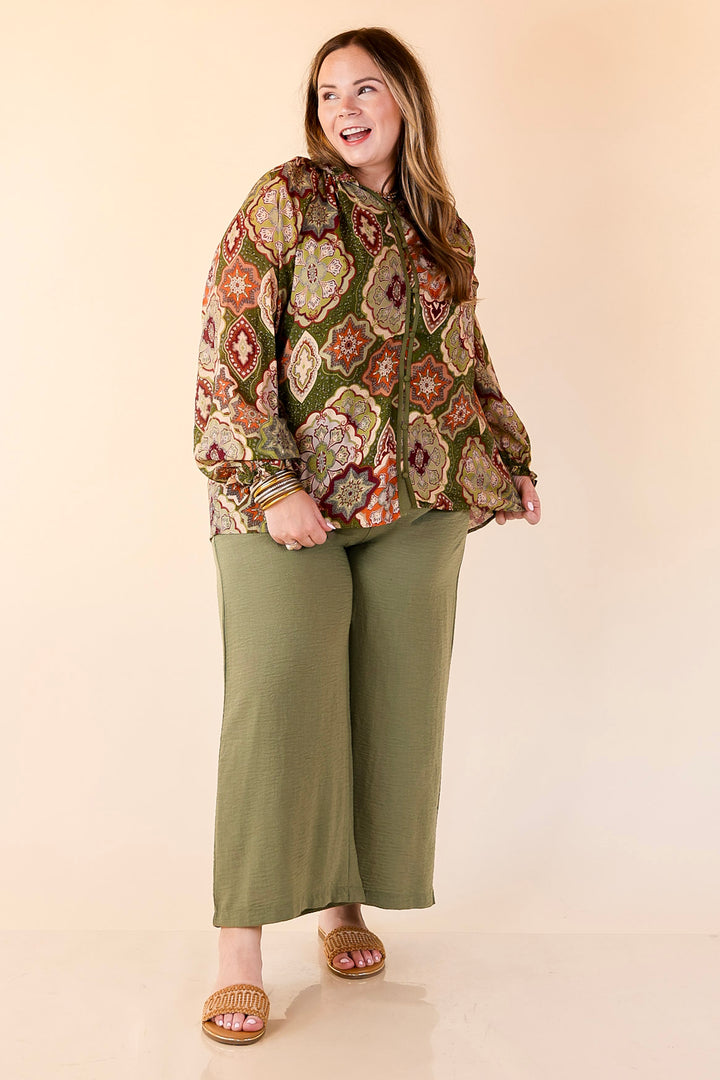Mosaic Muse Boho Mosaic Print Long Balloon Sleeve Blouse in Olive Green, Maroon and Rust Orange