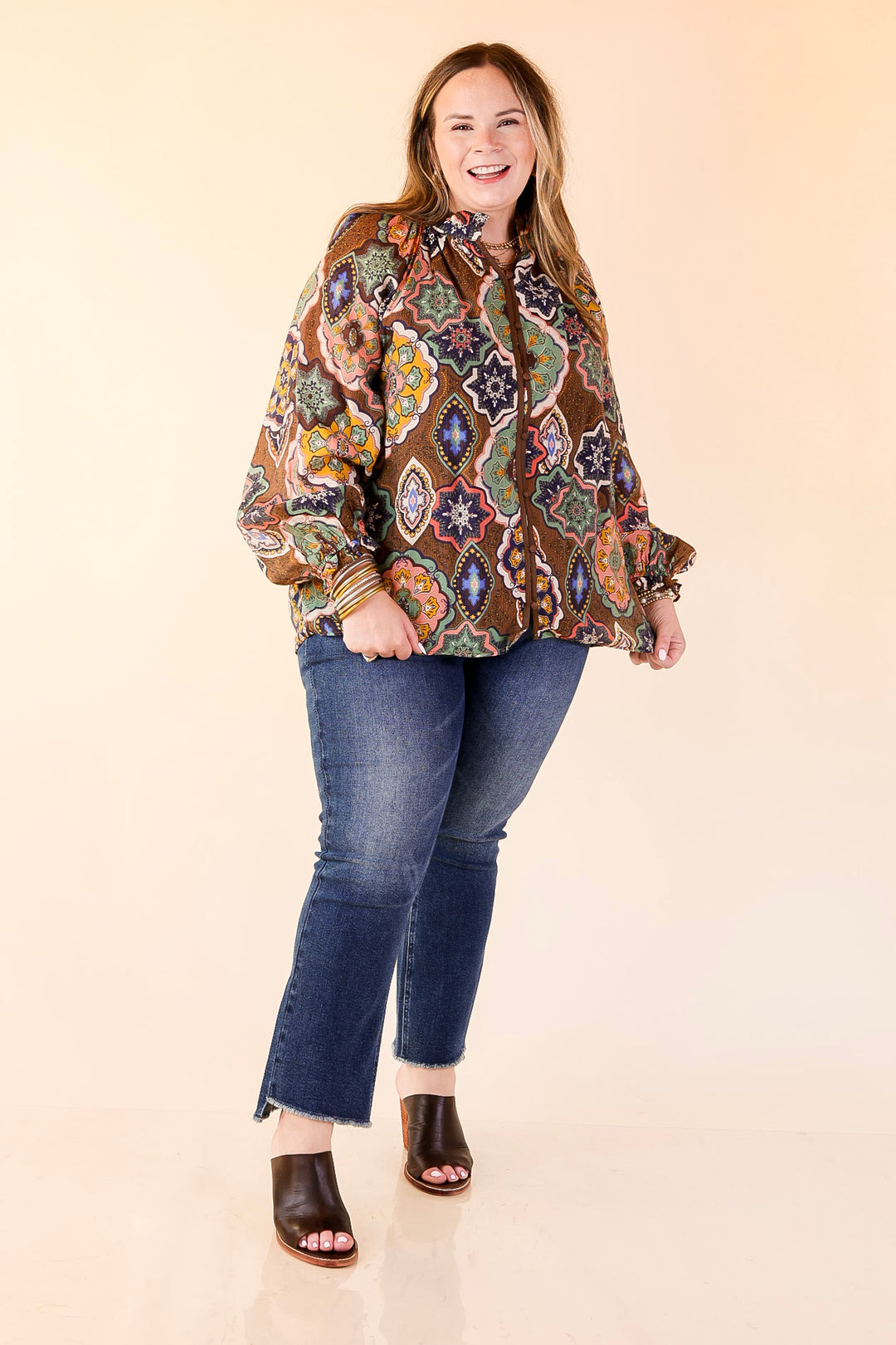 Mosaic Muse Boho Mosaic Print Long Balloon Sleeve Blouse in Brown, Pink, Navy and Cream