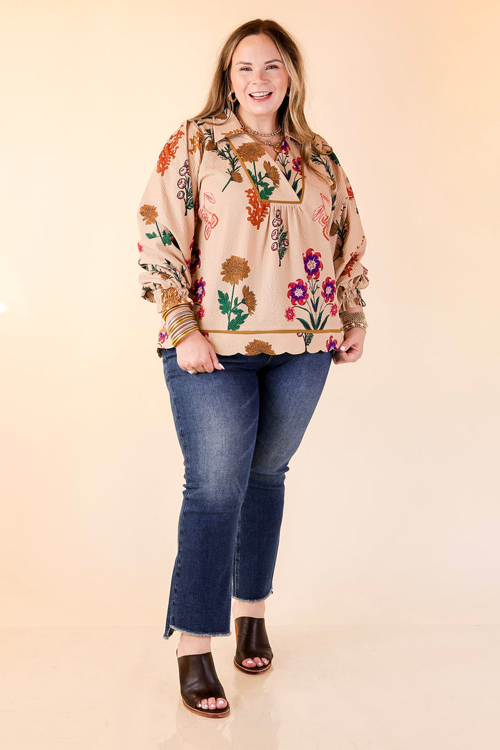 Garden Soirée Floral Print Collared Blouse with Long Balloon Sleeves in Tan