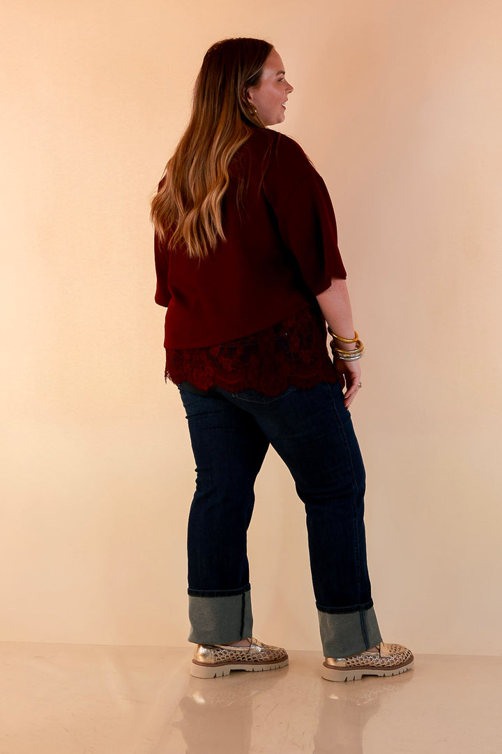 Laced with Charm Oversized Asymmetrical Lace Trim Boxy Top in Maroon