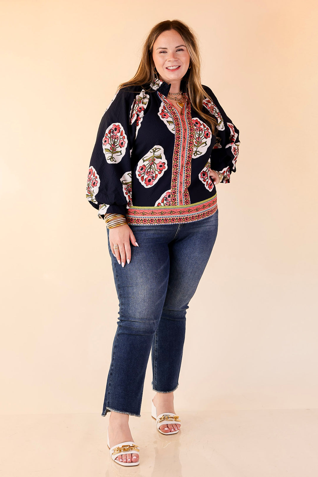 Farmer's Market Flair Floral Print V Neck Blouse with Long Balloon Sleeves in Navy