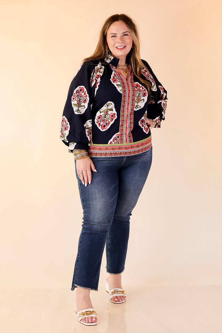 Farmer's Market Flair Floral Print V Neck Blouse with Long Balloon Sleeves in Navy