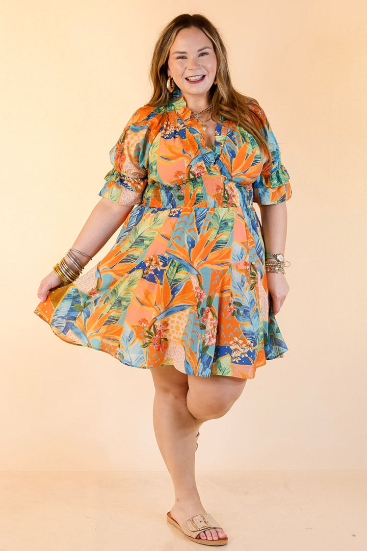 Sweet as Sundown Floral Print Dress With Smocked Waist in Orange Mix