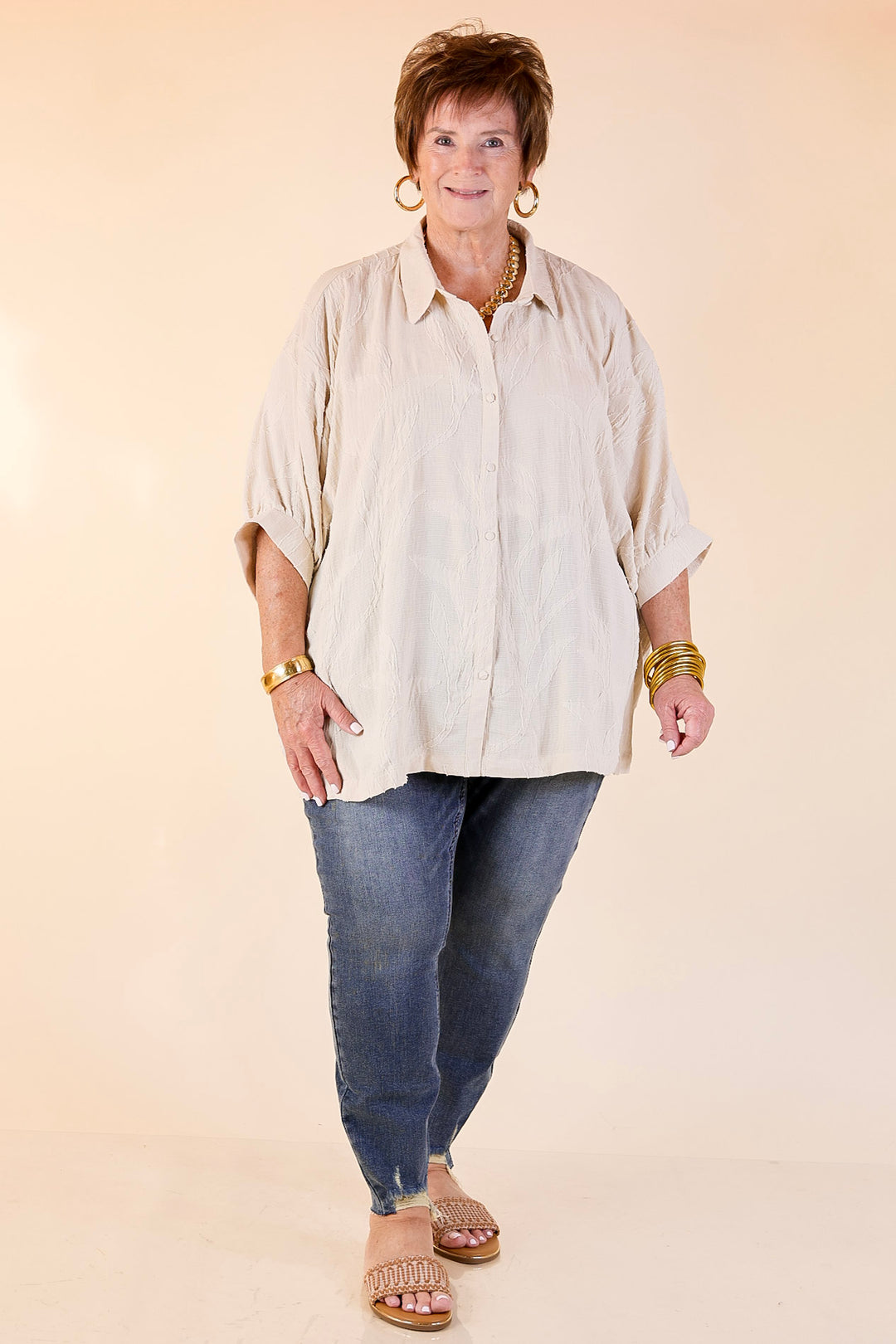 Flirty in Floral Textured Floral Print Button Up Collared Blouse in Cream