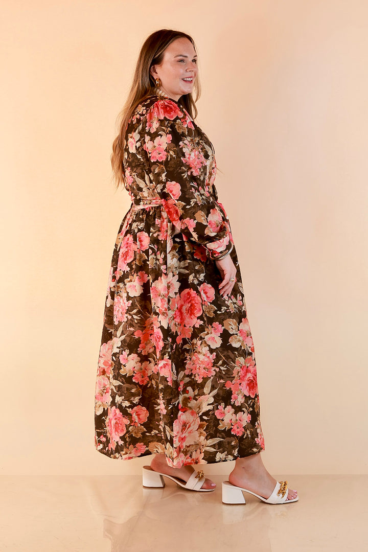 Written in the Roses Long Sleeve Floral Button Front Belted Midi Dress in Olive Green Multi