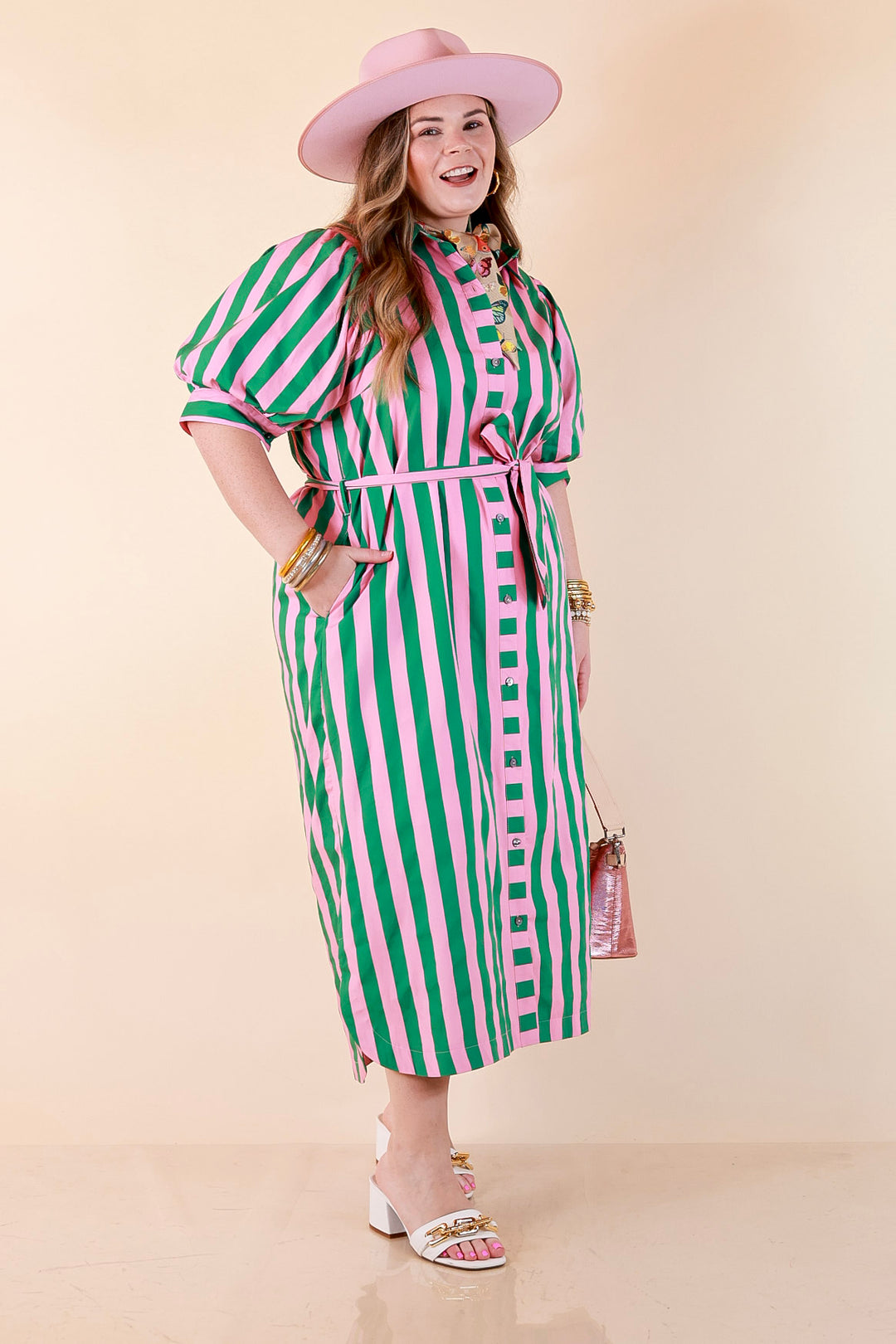 Palm Springs Pretty Puff Sleeve Button Front Belted Midi Dress with Stripe Print in Pink and Kelly Green