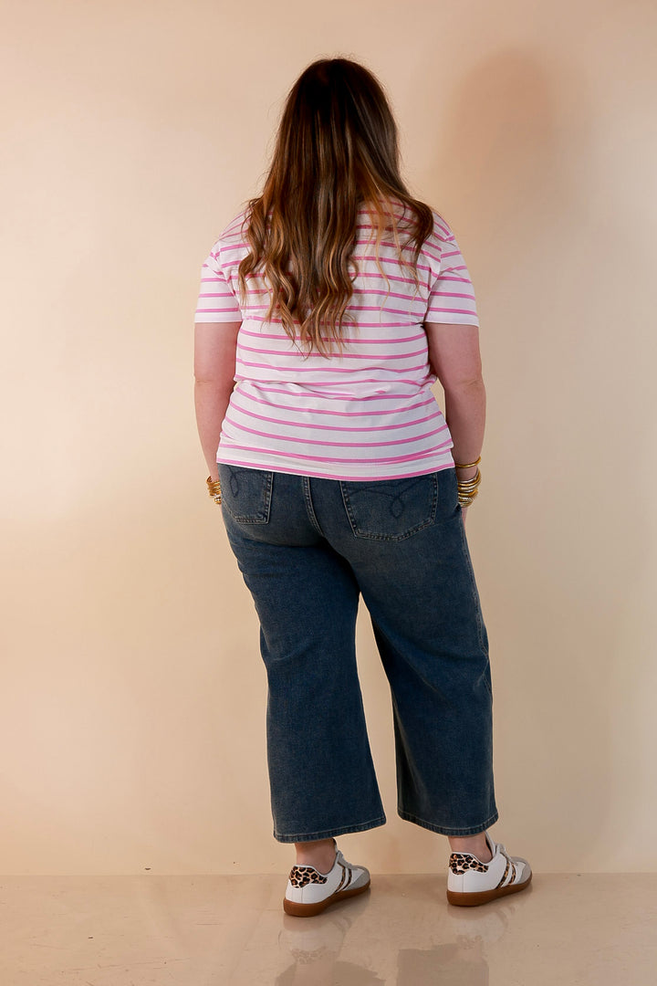 The Daily Stripe Scoop Neck Short Sleeve Striped Tee Top in Lilac Pink