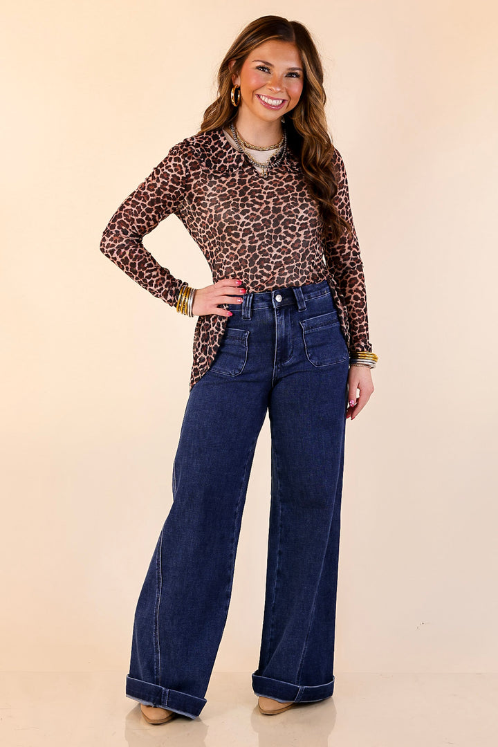 Pretty and Poised Mesh Top with Ruffle Peter Pan Collar in Leopard Print