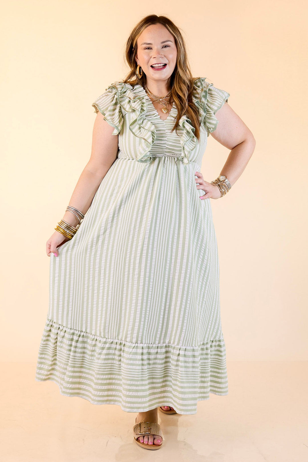 Oh So Sweet V-Neck Striped Maxi Dress in Sage Green