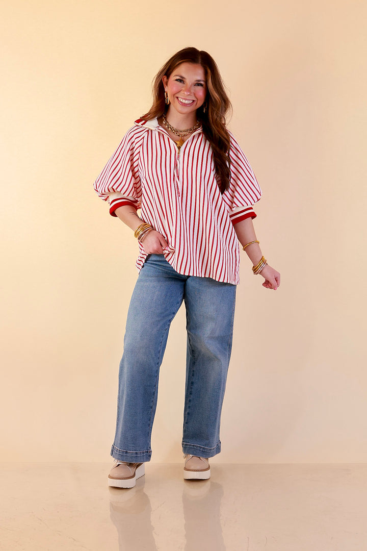 Bold Instincts Striped Print Half Zip Top with Puff Sleeves in Red and Ivory