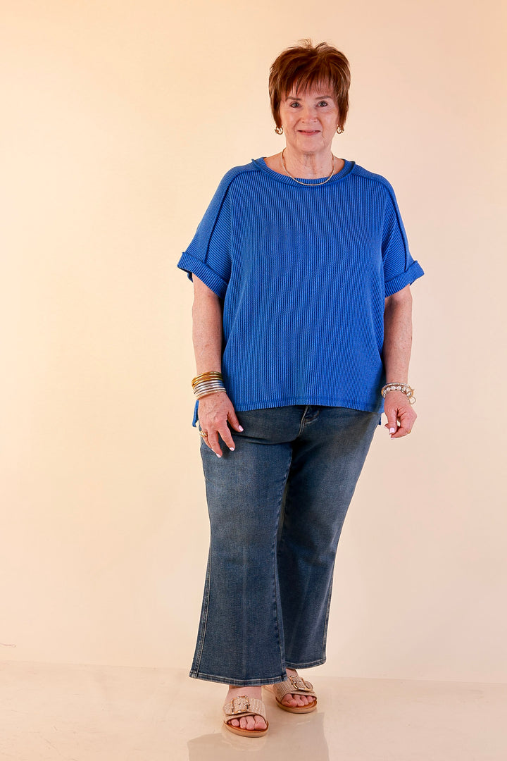 Daily Perfection Scoop Neck Short Sleeve Ribbed Top in Ocean Blue
