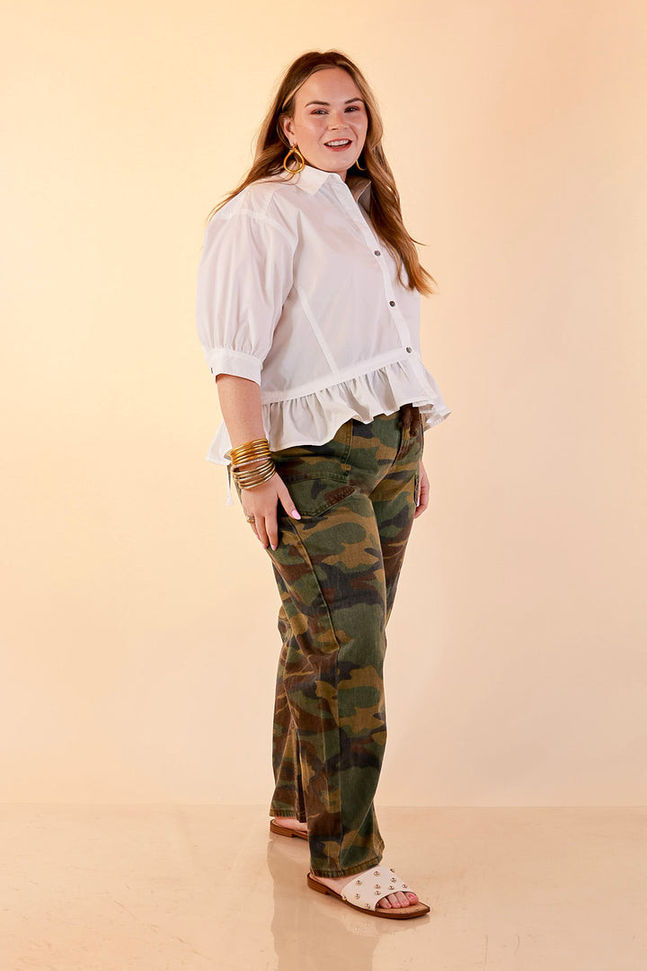 Style Agenda Solid Button Down Peplum Top in White