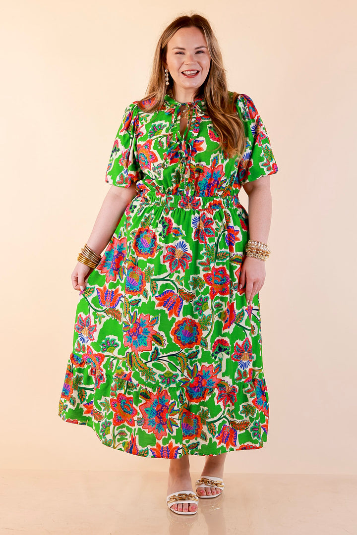 Color Me Happy Floral Print Midi Dress with Tie Neckline and Puff Sleeves in Green