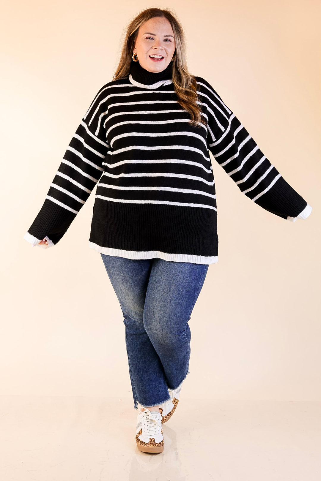 Mud Pie | Dunn Turtleneck Sweater with White Stripes in Black