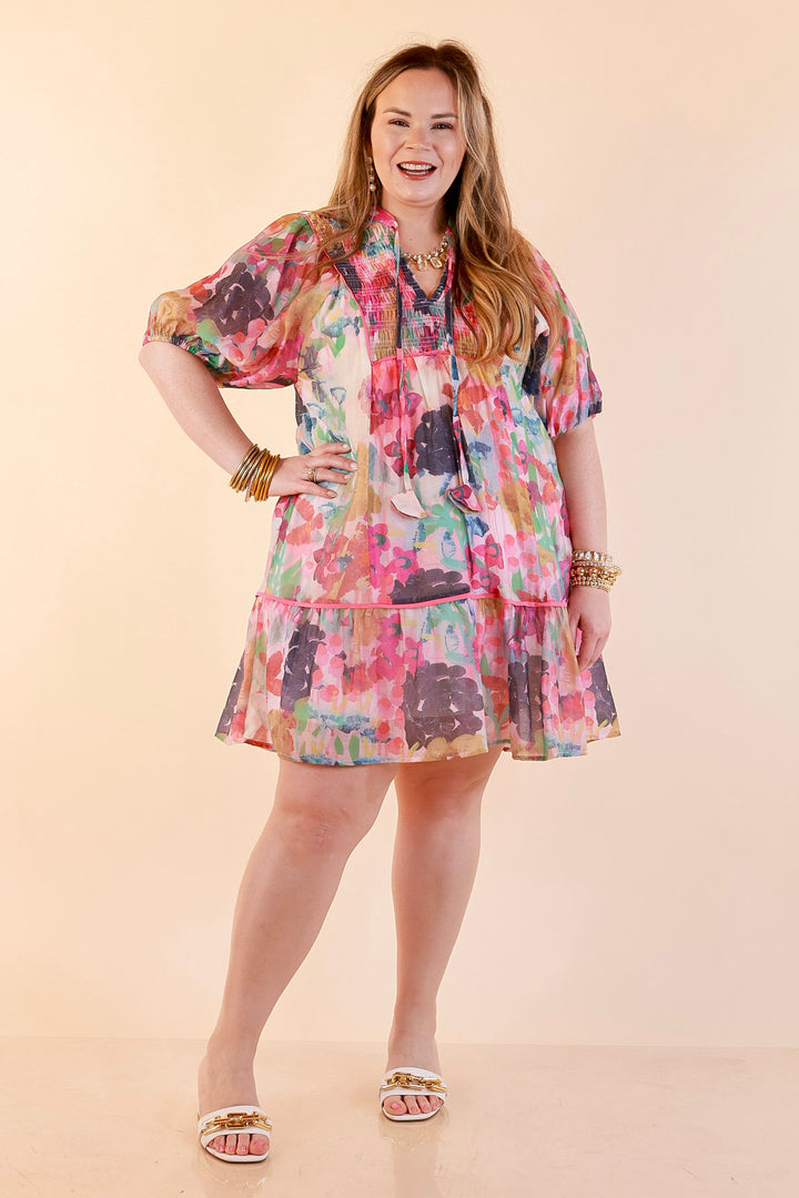 Painted Pretty Floral Print Smocked Yoke Dress with Tie Neckline and Puff Sleeves in Pink Mix