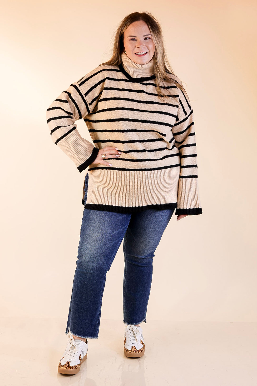 Mud Pie | Dunn Turtleneck Sweater with Black Stripes in Tan