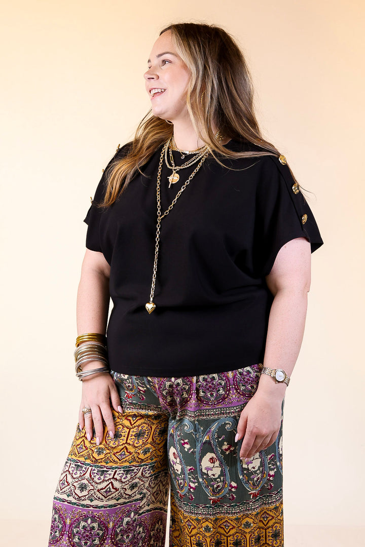 Golden Hour Glow Ribbed Crew Neck Top With Gold Button Detailing in Black